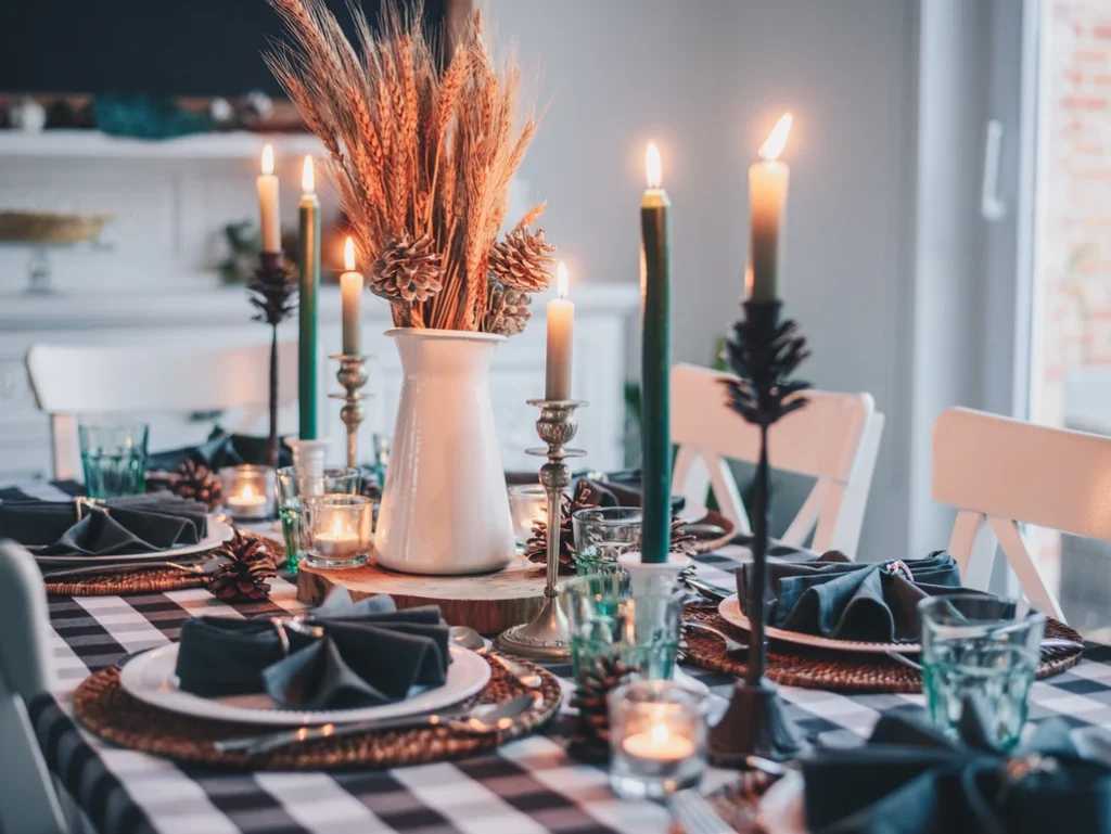 Thanksgiving table setting with candles and pine cones.