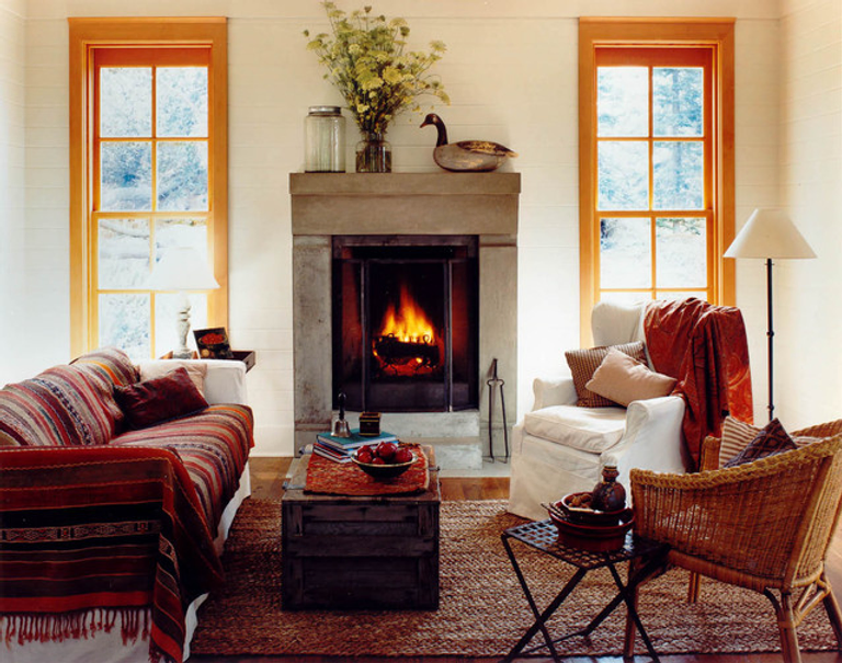 A living room with a fireplace.